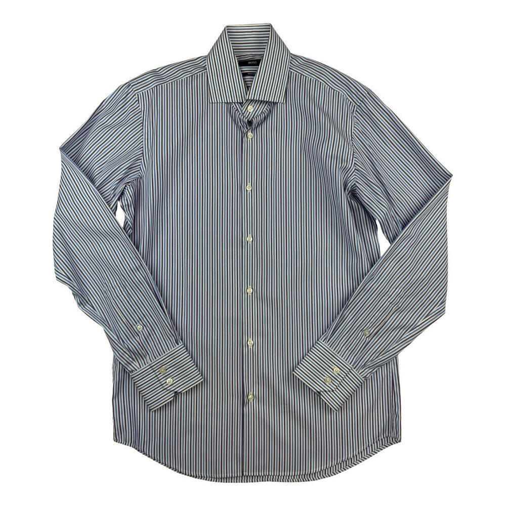 Hugo Boss Gerald Regular Fit Striped Dress Shirt Purple Blue Size 38 | 15